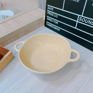 Cream ceramic double-handled bowl cute single serving tableware aesthetic dish for daily meals