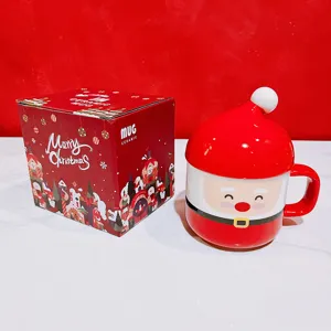 Christmas Santa Claus ceramic mug with cute hat lid detail view for holiday gifts.