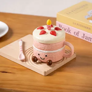 Cute ceramic cake mug with lid and spoon, creative pink coffee milk cup for sweet gift.
