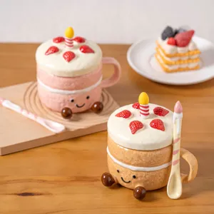 Cute Dessert Cake Ceramic Mug With Lid And Spoon Creative Cartoon Milk Coffee Breakfast Cup Birthday Gift Drinkware