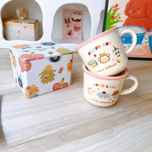 Cute ceramic coffee mug set with pink rim and lovely animal illustrations for gift daily use