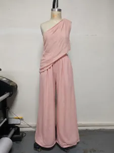 Pink one shoulder top and wide leg pants set casual two piece outfit for women summer.