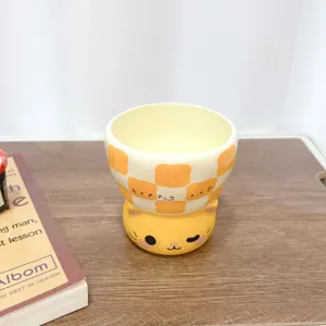 Cute ceramic cat mug with checkerboard pattern, creative cartoon animal design for office water cup.