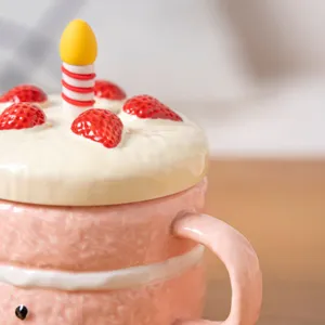 Cute cake ceramic mug with strawberry and candle lid, creative pink coffee milk cup gift.