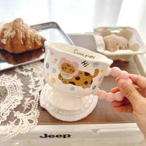 Creative cute ceramic high foot coffee mug with cartoon animal pattern and pink bubble handle.