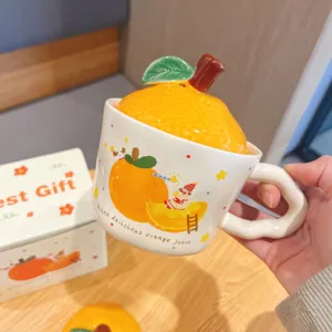 Taza de cerámica naranja con tapa, bonito diseño de fruta taza de café, regalo perfecto mujer.