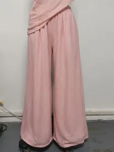 Women two piece set casual off shoulder top and linen wide leg pants pink suit summer