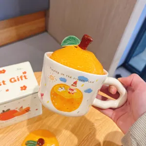 Lindo taza de ceramica de naranja con tapa, diseno de fruta creativo taza de cafe para regalo