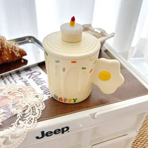 Taza de Cerámica Lindo Huevo Frito con Tapa y Cuchara 420ml Taza de Café de Dibujos Animados Resistente al Calor Regalo para Mujeres Niñas