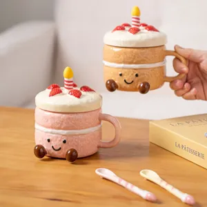 Cute cake ceramic coffee mug with lid and spoon, novelty birthday gift milk breakfast cup.