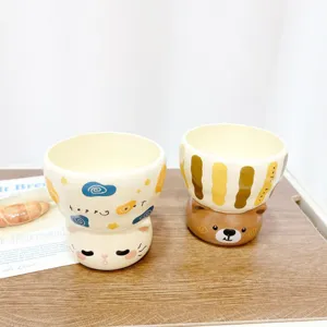 Cute animal ceramic water cups, creative cartoon design with cat and bear styles for daily use.