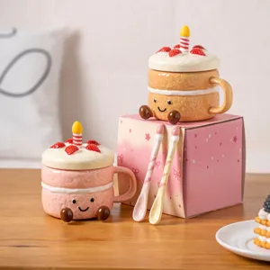 Cute dessert cake ceramic mug with lid and spoon creative birthday gift milk breakfast cup