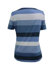 Women's blue striped short sleeve casual top, comfortable round neck t-shirt detail.