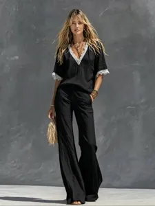 Black lace trim V-neck short sleeve top and high waist wide leg pants two piece set detail.