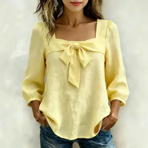 Blouse pour femme jaune à col carré et nœud, chemise décontractée à manches longues.