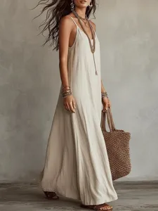 Dettaglio abito lungo boho tinta unita scollo V spalline, vestito mare donna casual.