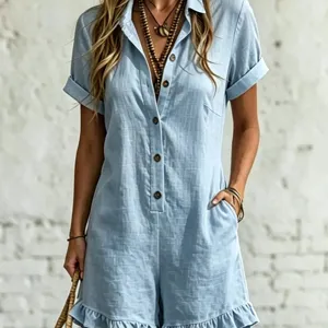 Combinaison pantalon femme bleu clair manches courtes boutonnée style décontracté chic
