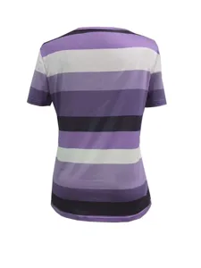 Detailed back view of the purple and white striped short sleeve casual top, smooth texture.