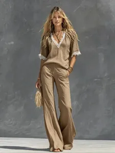 Women summer casual linen two-piece set featuring lace V-neck short sleeve top and wide leg pants.