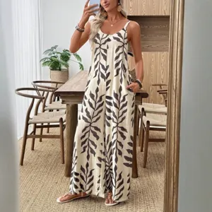 Women tropical leaf print spaghetti strap jumpsuit casual V-neck wide leg pocket long pants