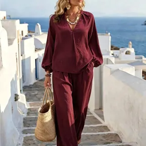 Elegant womens burgundy long sleeve blouse and wide leg pants two piece set for casual vacation wear