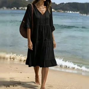 Women's Casual Regenerated Cellulose Fiber Dress V-Neck Tassel Tiered Ruffle Vacation Midi Sundress Beach Resort Wear Plain A-Line Dress