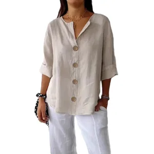 Women v-neck button down linen blouse casual loose solid color top 3/4 sleeve shirt