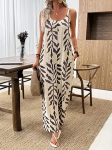 Casual women's tropical leaf print V-neck jumpsuit with pockets for summer daily wear.