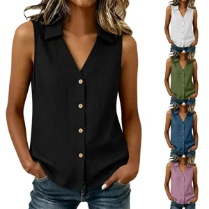 Women Casual V Neck Lapel Single Breasted Sleeveless Polyester Tank Top Slim Fit Solid Color Button Down Vest Shirt