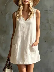 Women Casual V Neck Sleeveless Pocket Dress Summer Solid Color Loose Straight Dress Fashion Daily Apparel