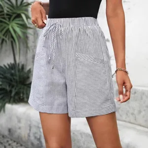 Mujer pantalón corto casual de rayas cintura elástica cordón verano bolsillos ropa