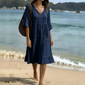 Women Navy Blue V Neck Tiered Midi Dress Casual Beach Tassel Sundress Resort Wear.