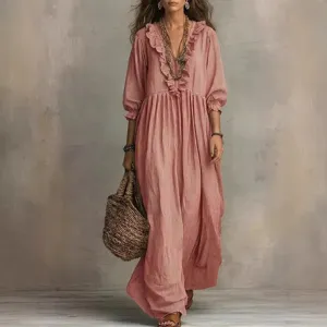 Women Striped V Neck Ruffle Maxi Dress High Waist Loose Cotton Polyester Spliced Casual Long Sleeve Bohemian Fashion Dress