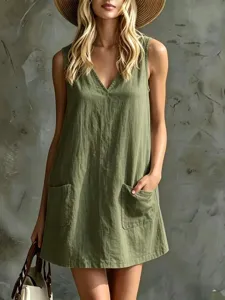 Summer women's v-neck sleeveless linen mini dress with pockets casual loose beach outfit.
