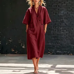 Robe longue femme col V manches courtes boutonnée style été casual ample avec poches