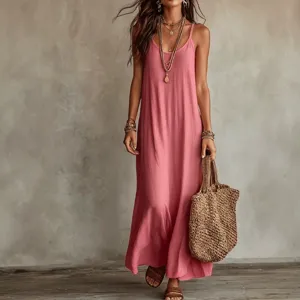 Abito lungo boho tinta unita con scollo a V e spalline sottili per stile vacanza.