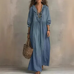Blue striped long sleeve maxi dress for women, V-necked ruffled high waist casual dress.