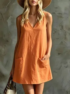 Summer casual orange sleeveless V-neck mini dress with double pockets cotton linen for women