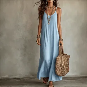 Abito lungo donna bohémien monocolore scollo V bretelle casual vacanza spiaggia