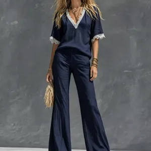 Women Summer Linen Two Piece Set V Neck Lace Short Sleeve Top High Waist Wide Leg Pants