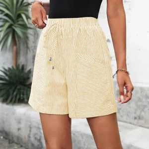 Mujer pantalones cortos casuales a rayas cintura alta elástica cordón verano playa.