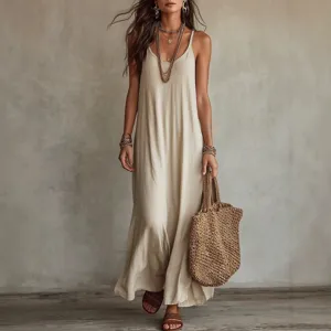 Abito lungo maxi monocolore boho scollo V spalline stile casual vacanze estive spiaggia