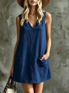 Summer casual V-neck sleeveless mini dress with pockets for women, chic beach wear.