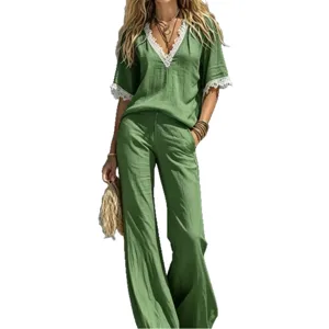 Summer women green two piece set casual V neck short sleeve top and wide leg trousers.
