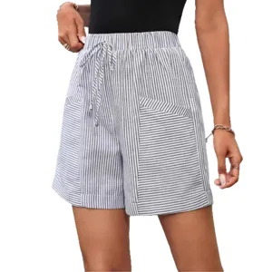 Shorts Casuales A Rayas Para Mujer Cintura Alta Elástica Cordón Bolsillos Verano