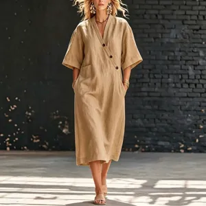 Robe longue femme en lin col V à boutons décontractée manches courtes ample robe d'été poche