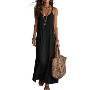 Donna Boho Tinta Unita Collo V Spalline Abito Lungo Estate Casual Senza Maniche Spiaggia