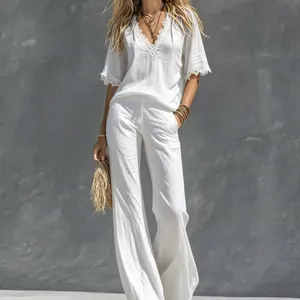 Women Summer White Cotton Linen Two Piece Outfit V-Neck Lace Trim Top Wide Leg Pants