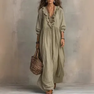 Casual striped v-neck long dress with ruffles, high waist, elegant daily fashion style.