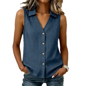 Women solid color sleeveless V-neck button blouse casual summer top denim blue apparel.